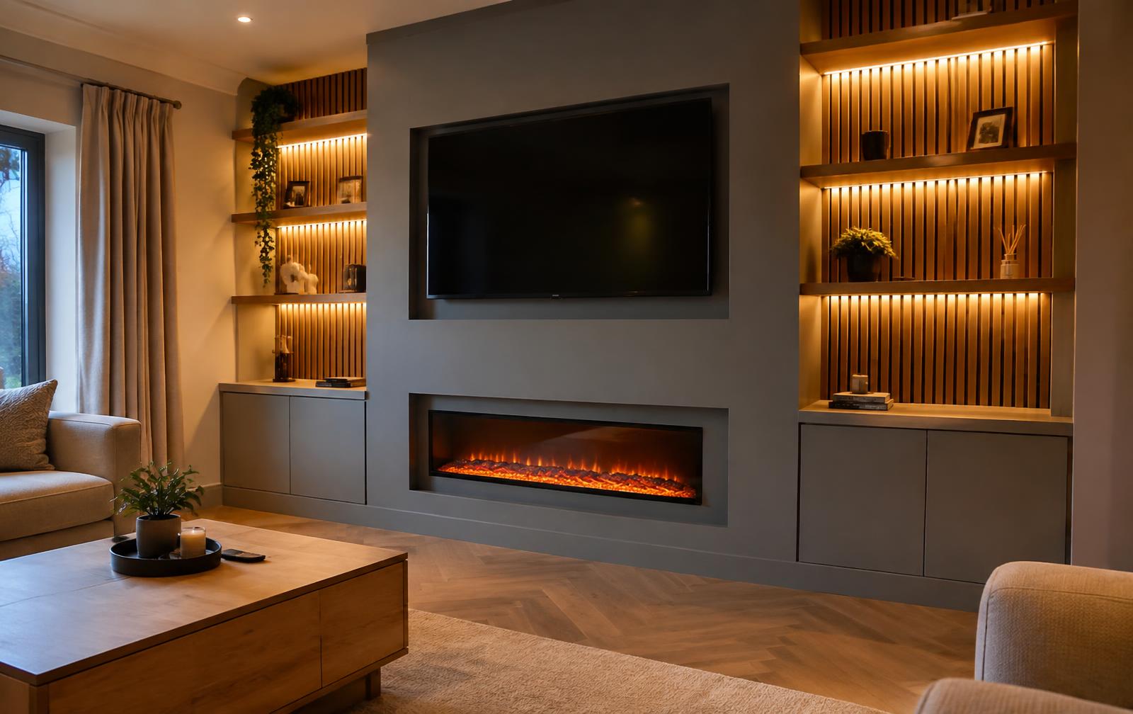 Bespoke media wall with fire and lit oak shelving