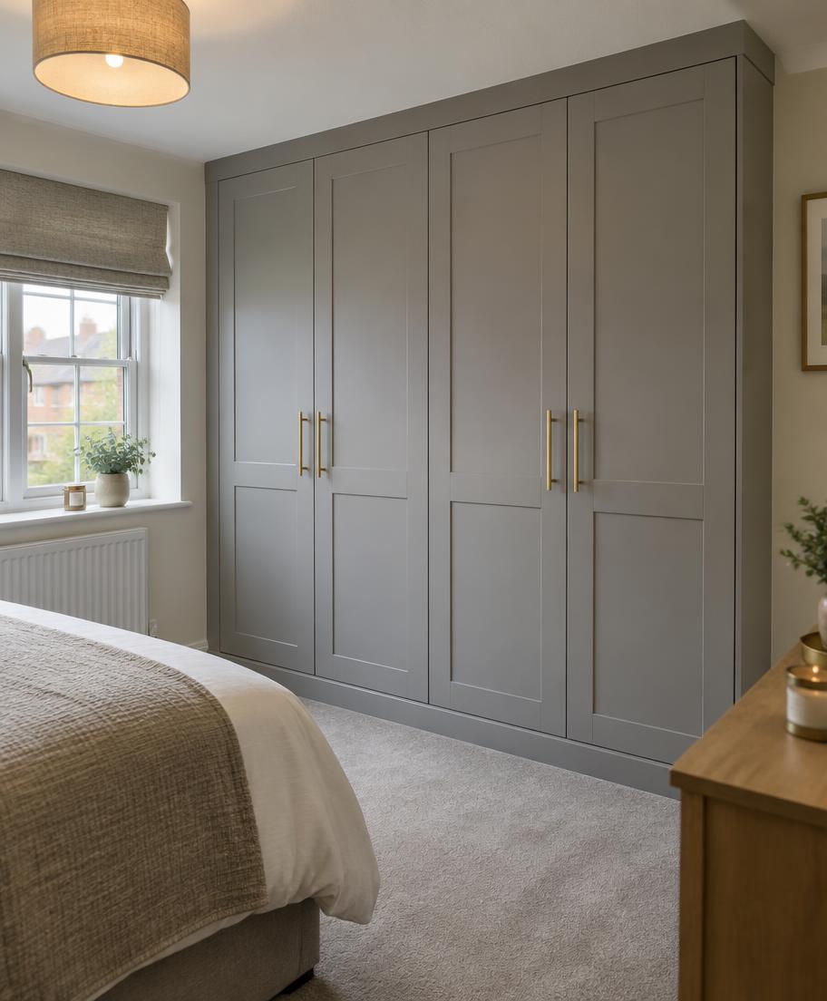 Four-door grey shaker-style fitted wardrobes
