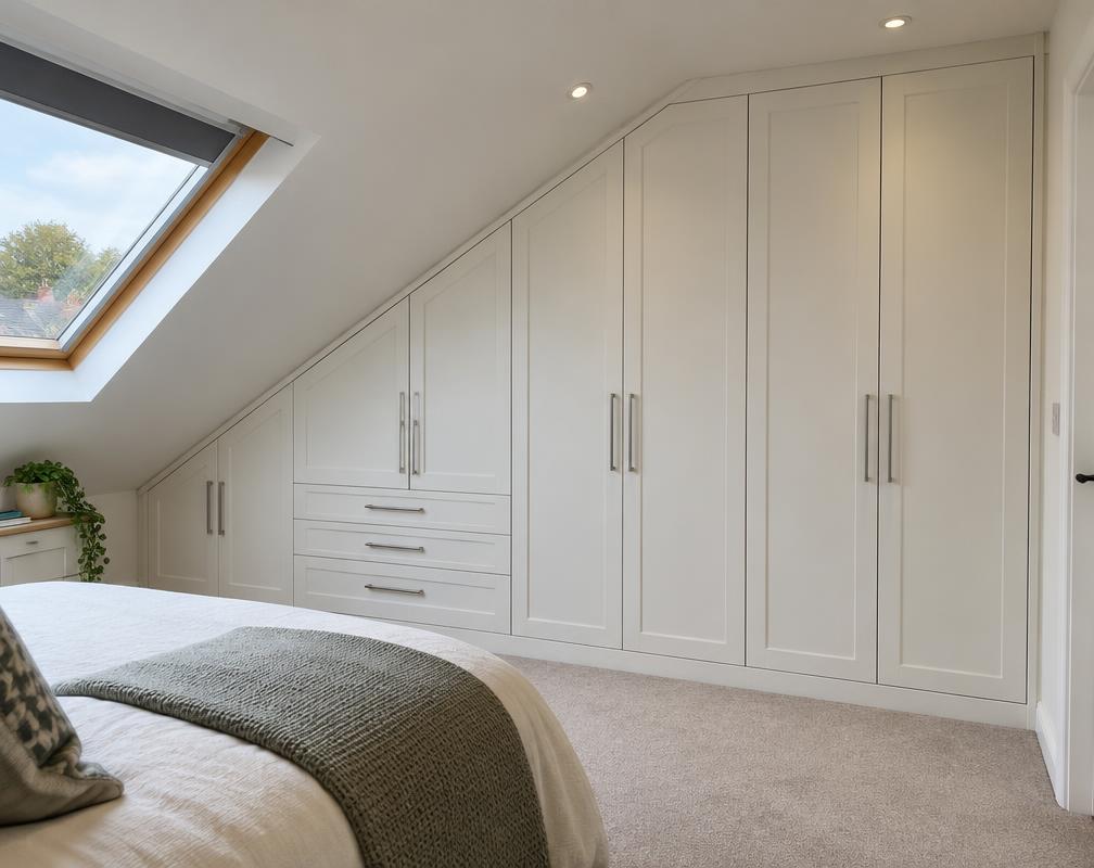 White fitted wardrobe built under a sloped ceiling